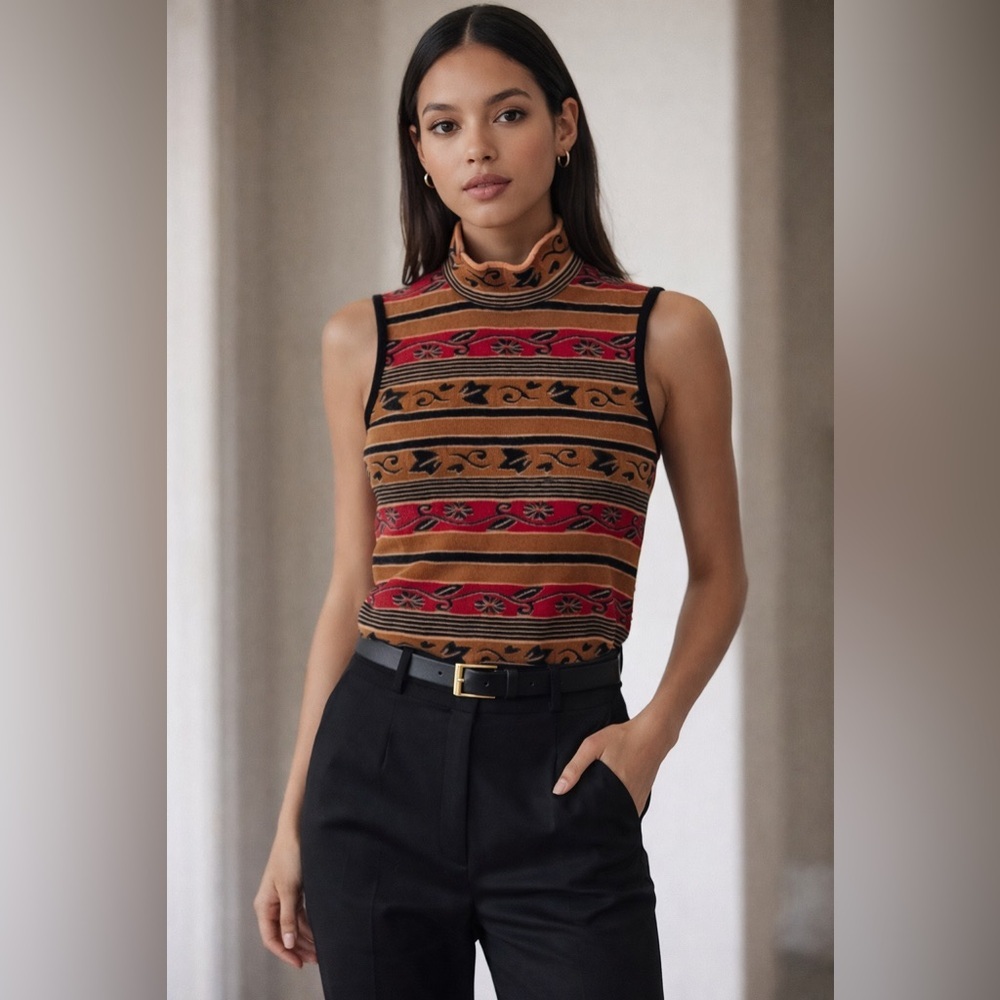 ST. JOHN Striped Multicolor Zip High Mockneck Collar Sleeveless Best Blouse Top